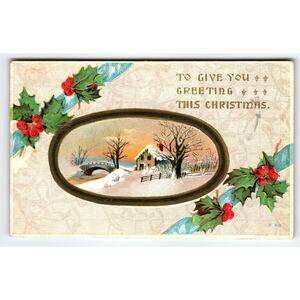Vintage Embossed Christmas Postcard Snowy Cottage & Bridge Scene